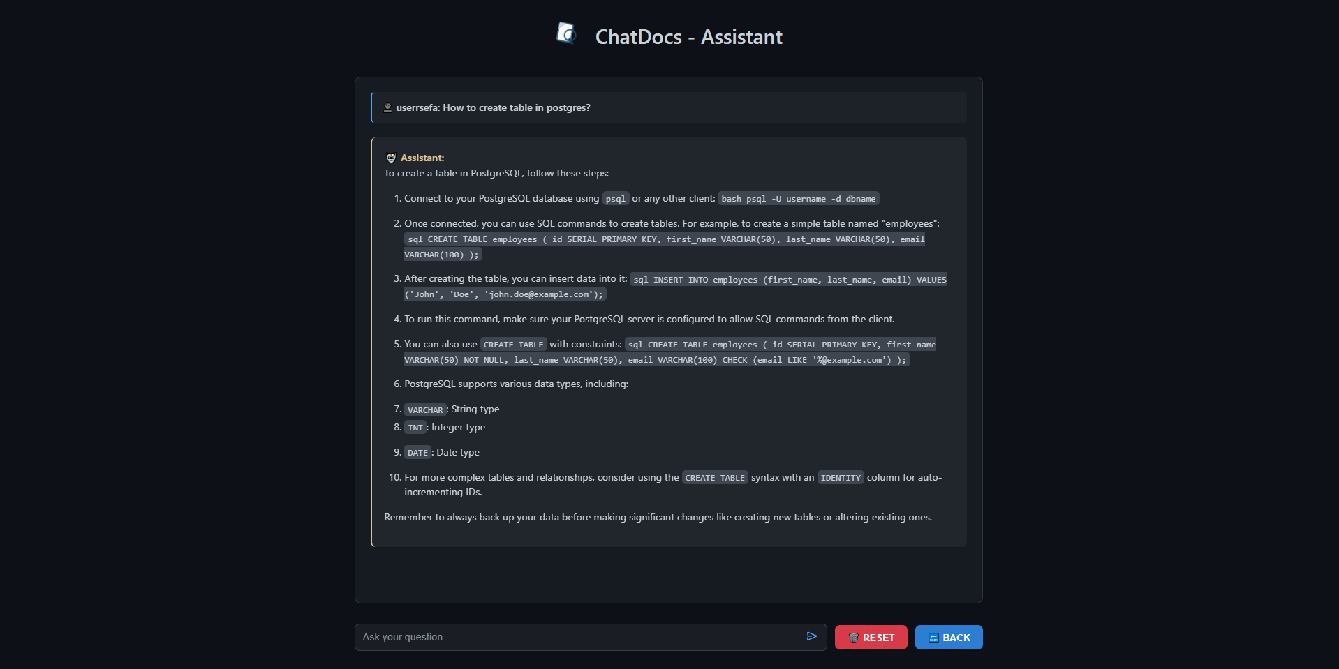 ChatDocs application interface screenshot