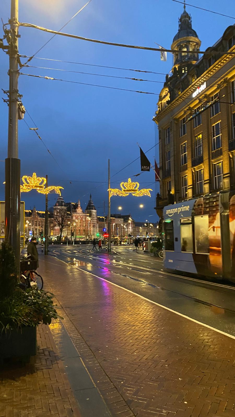 Rainy evening street in Amsterdam